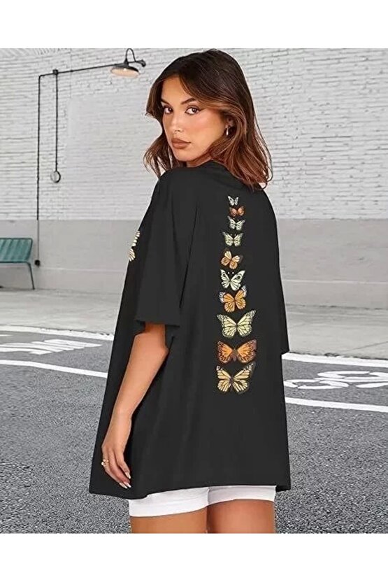 Kadın Bisiklet Yaka Baskılı T-shirt - Siyah