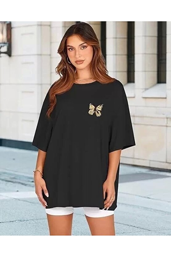 Kadın Bisiklet Yaka Baskılı T-shirt - Siyah