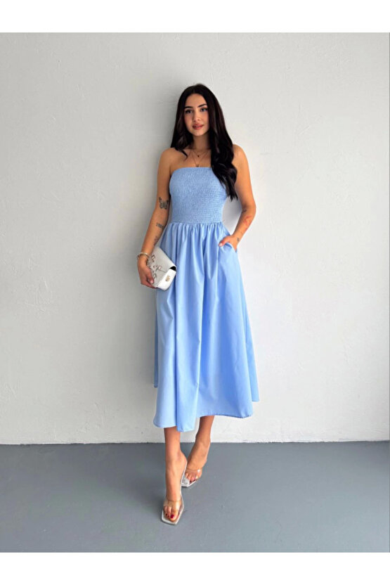 Straplez Pileli Elbise - Açık Mavi