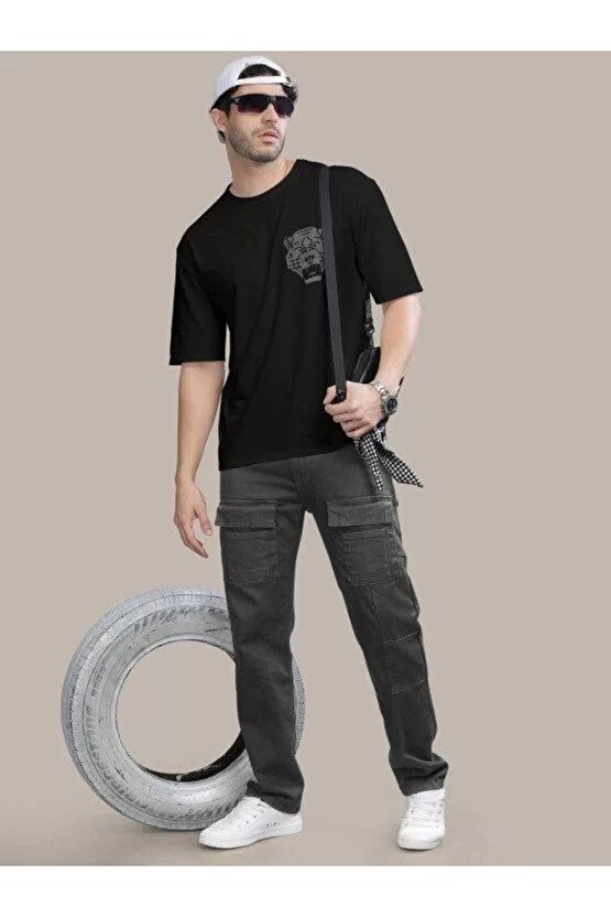 Erkek Baskılı Oversize T-shirt - Siyah