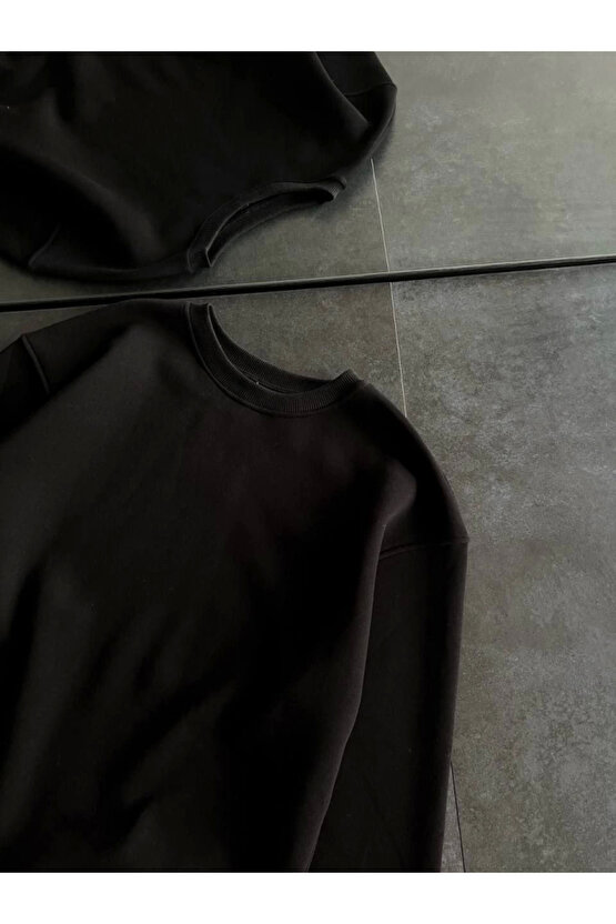 eyesof Kışlık Bisiklet Yaka Üç İplik Basic SweatShirt - Siyah