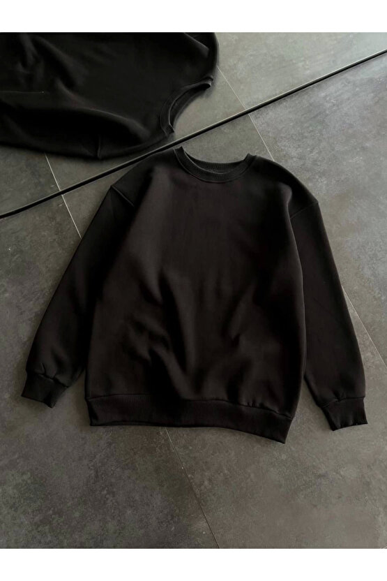 eyesof Kışlık Bisiklet Yaka Üç İplik Basic SweatShirt - Siyah
