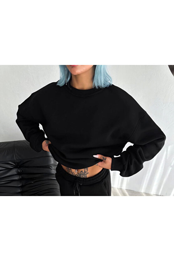 eyesof Kışlık Bisiklet Yaka Üç İplik Basic SweatShirt - Siyah