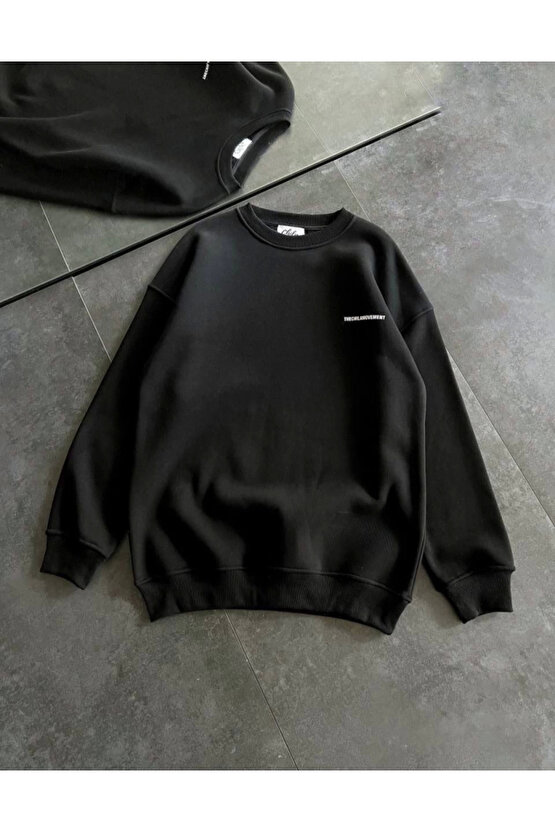 Turega Style Kışlık Bisiklet Yaka Oversize Baskılı SweatShirt - Siyah