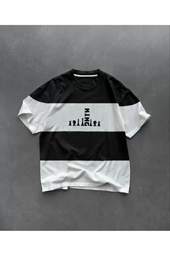 eyesof Unisex Bisiklet Yaka Baskılı Parçalı Oversize T-Shirt - Siyah