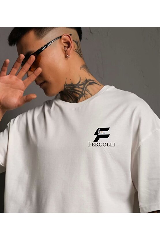 Unisex Bisiklet Yaka Baskılı Oversize T-Shirt - Beyaz