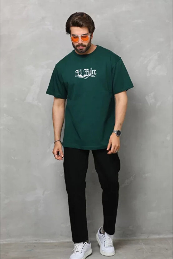 eyesof Unisex Bisiklet Yaka Baskılı Oversize T-Shirt - Yeşil