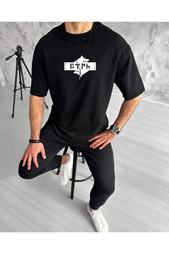 eyesof Unisex Bisiklet Yaka Baskılı Double Oversize T-Shirt - Siyah