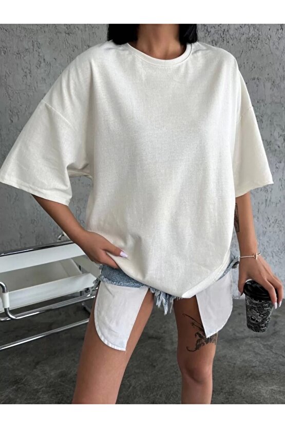 Unisex Düz Biskilet Yaka Oversize T-shirt - Beyaz