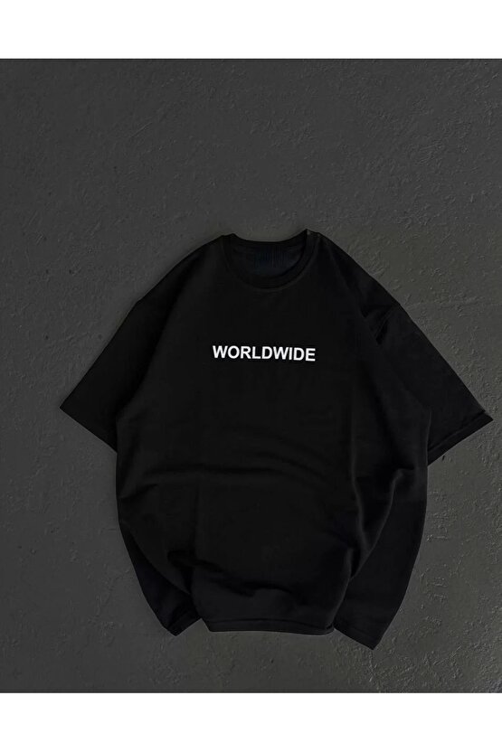 Unisex Bisiklet Yaka Baskılı Oversize T-Shirt - Siyah