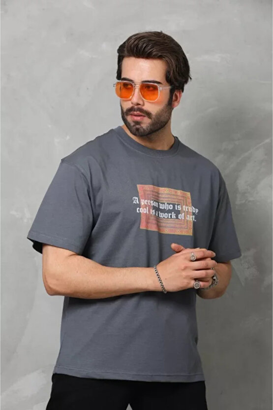 eyesof Unisex Bisiklet Yaka Baskılı Oversize T-Shirt - Füme