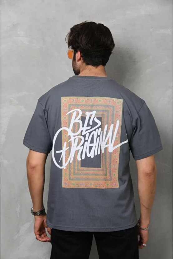 eyesof Unisex Bisiklet Yaka Baskılı Oversize T-Shirt - Füme