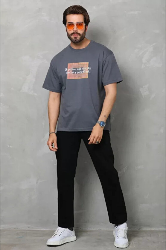 eyesof Unisex Bisiklet Yaka Baskılı Oversize T-Shirt - Füme