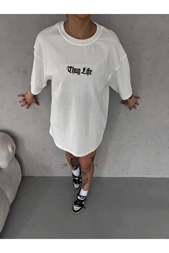 Unisex Bisiklet Yaka Baskılı Oversize T-Shirt - Beyaz
