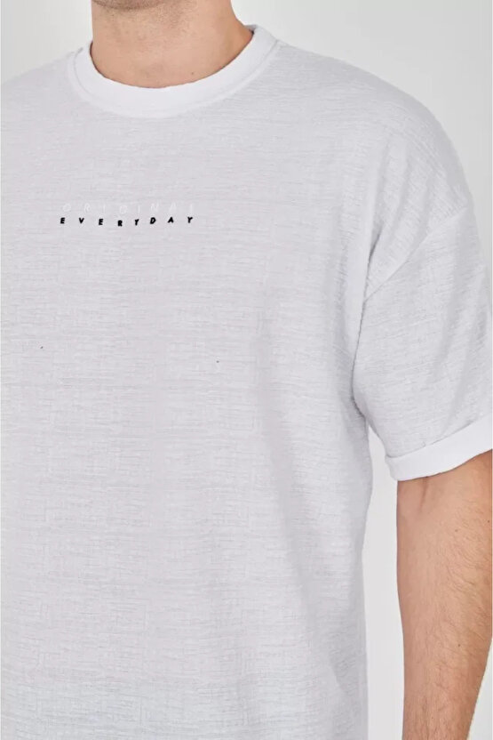 eyesof Unisex Jakar Kumaş Rahat Kol T-Shirt - Beyaz