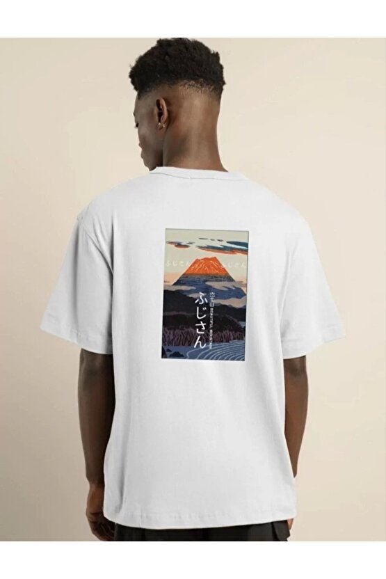 Unisex Bisiklet Yaka Baskılı Oversize T-Shirt - Beyaz