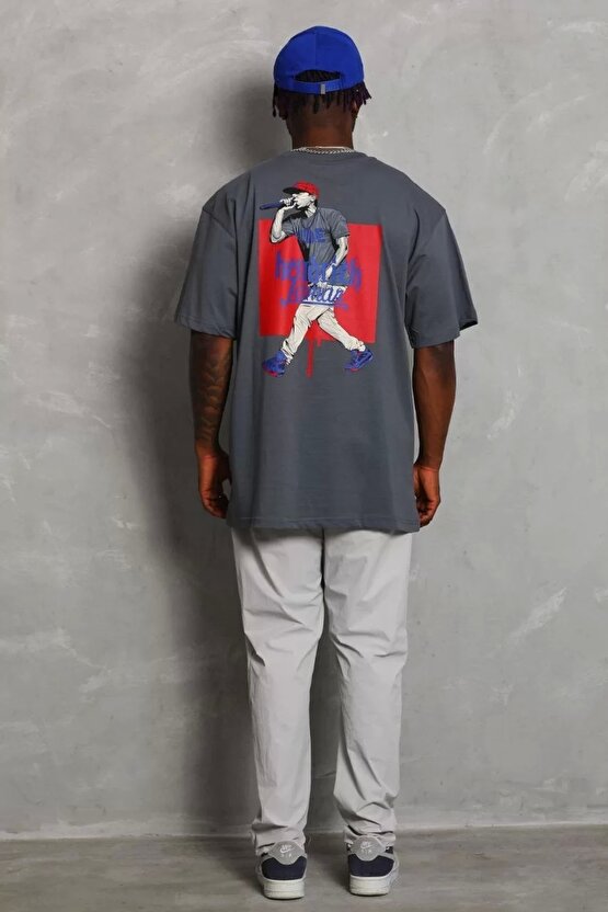 Unisex Oversize Baskılı Bisiklet Yaka T-Shirt - Füme