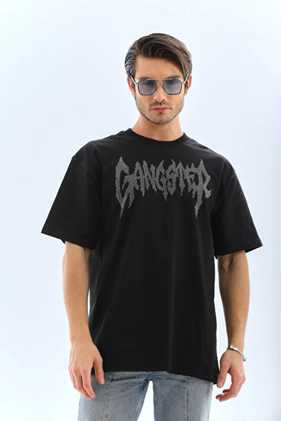 eyesof Unisex Oversize Taşlı Bisiklet Yaka T-Shirt - Siyah