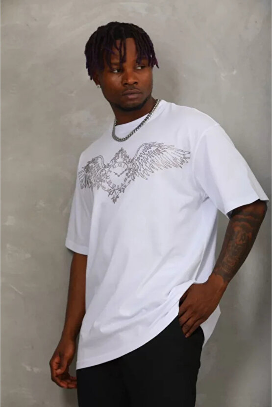 eyesof Unisex Oversize Taşlı Bisiklet Yaka T-Shirt - Beyaz