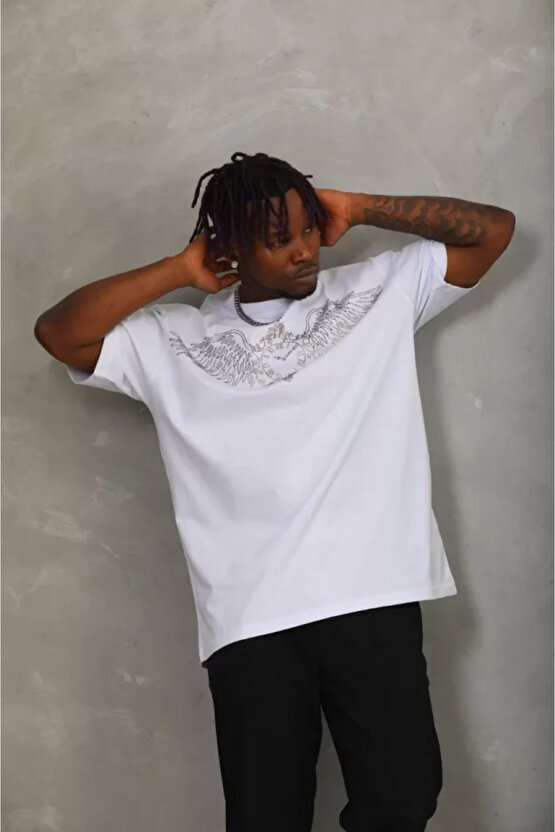 eyesof Unisex Oversize Taşlı Bisiklet Yaka T-Shirt - Beyaz