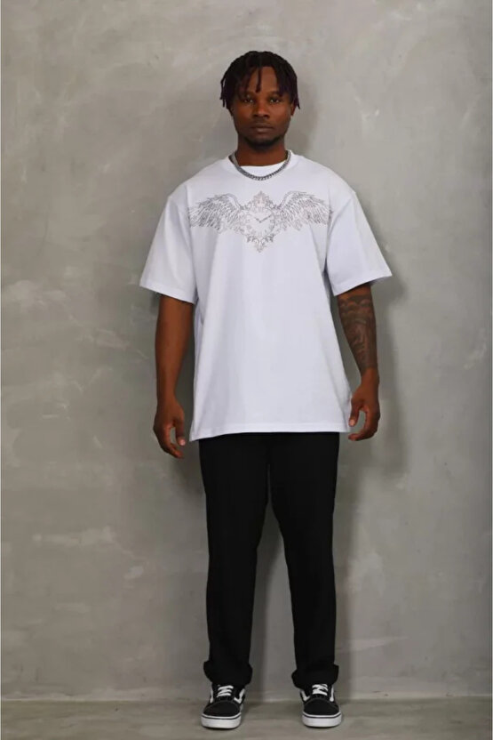 eyesof Unisex Oversize Taşlı Bisiklet Yaka T-Shirt - Beyaz