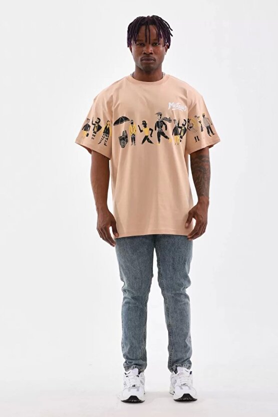 Unisex Bisiklet Yaka Baskılı Oversize T-Shirt - Bej
