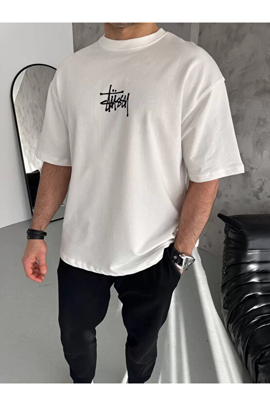 Unisex Bisiklet Yaka Baskılı Oversize T-Shirt - Beyaz