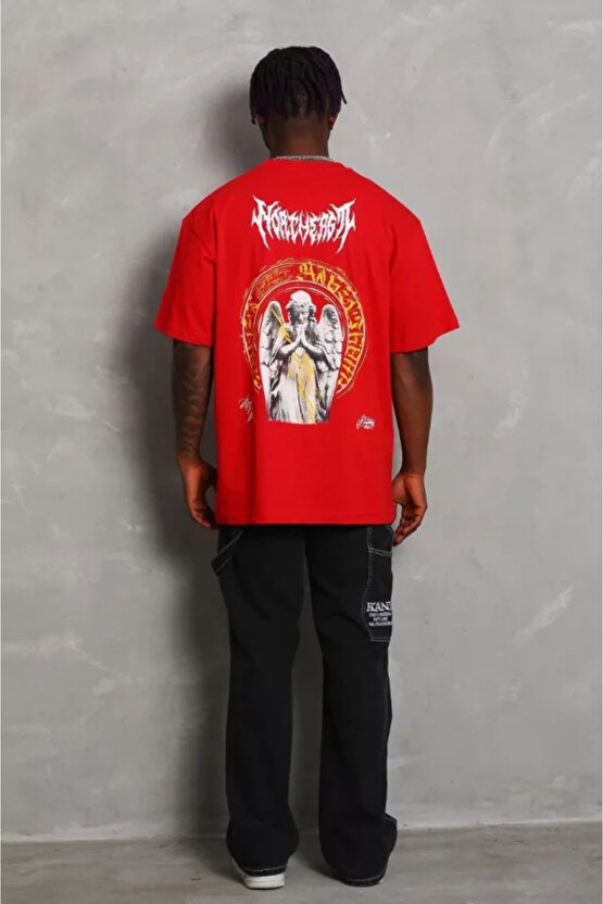 eyesof Unisex Oversize Baskılı Bisiklet Yaka T-Shirt - Kırmızı