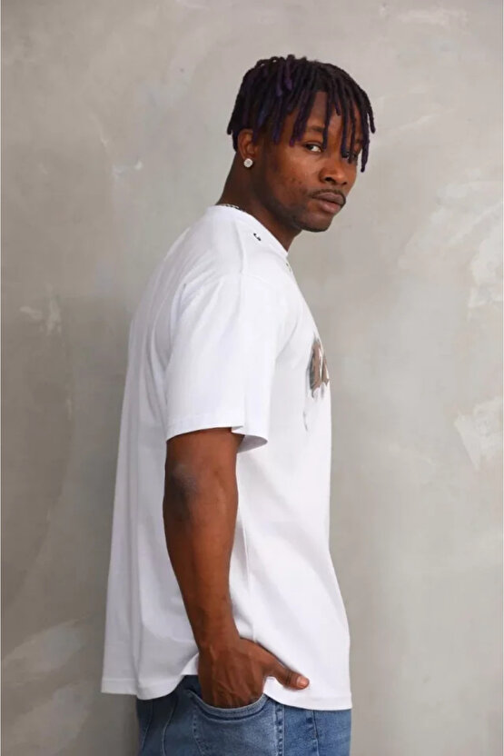 eyesof Unisex Kuşgözü Detaylı Baskılı Oversize T-Shirt - Beyaz