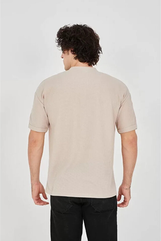 eyesof Unisex Waffle Kumaş Rahat Kol T-Shirt - Bej