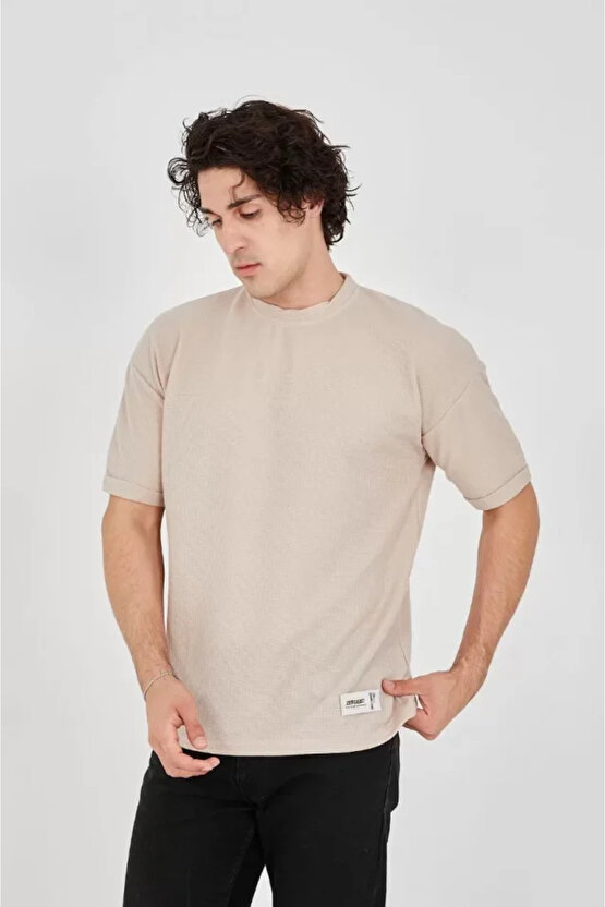 eyesof Unisex Waffle Kumaş Rahat Kol T-Shirt - Bej