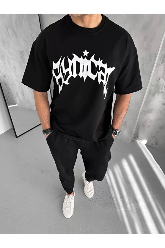 Unisex Bisiklet Yaka Baskılı Oversize T-Shirt - Siyah