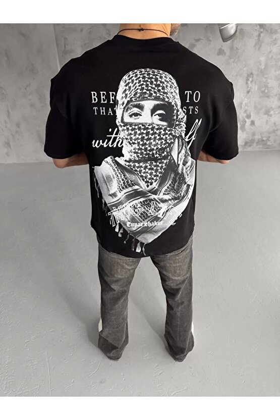Unisex Baskılı Oversize T-Shirt - Siyah