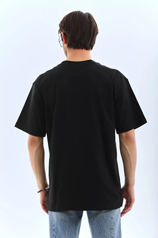 eyesof Unisex Oversize Taşlı Bisiklet Yaka T-Shirt - Siyah