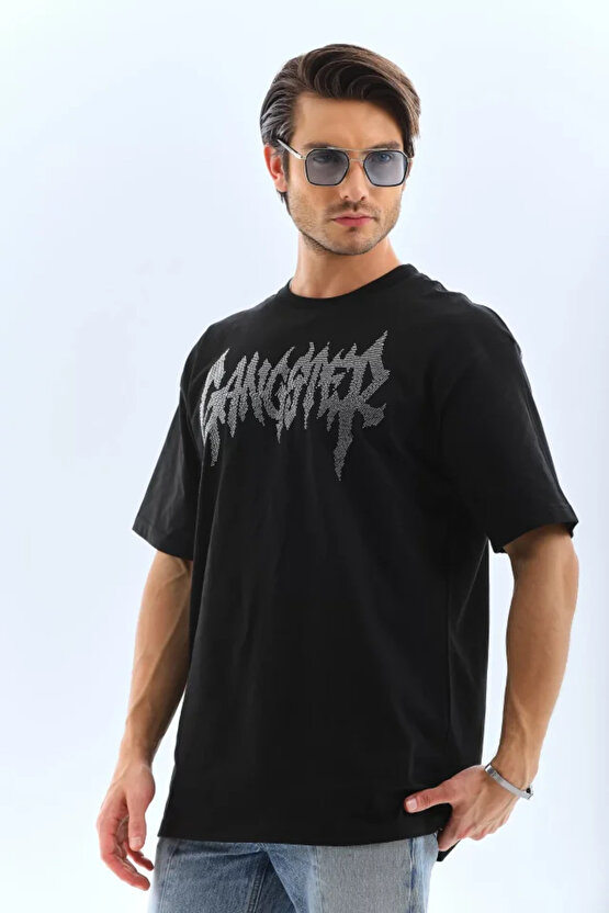 eyesof Unisex Oversize Taşlı Bisiklet Yaka T-Shirt - Siyah