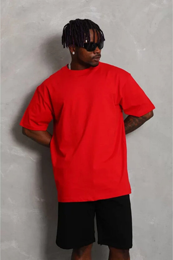 eyesof Unisex Oversize Düz Bisiklet Yaka T-Shirt - Kırmızı