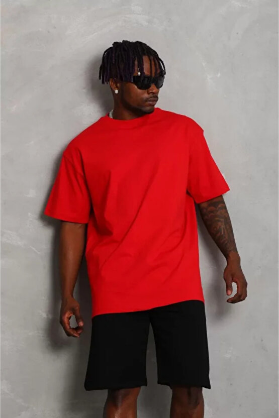 eyesof Unisex Oversize Düz Bisiklet Yaka T-Shirt - Kırmızı