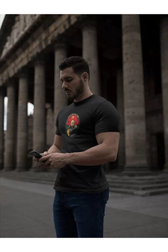 Unisex Bisiklet Yaka Baskılı Oversize T-Shirt - Siyah