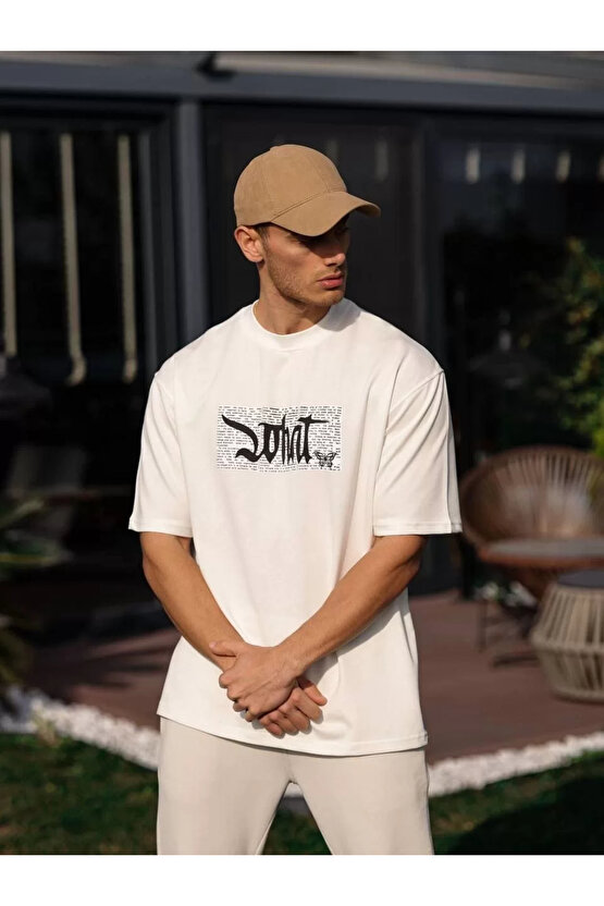 Unisex Bisiklet Yaka Baskılı Oversize T-Shirt - Beyaz