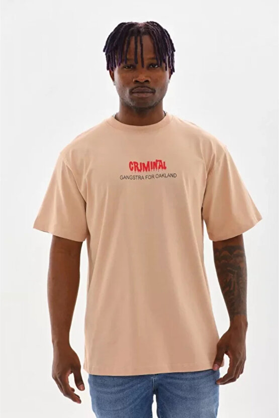 eyesof Unisex Baskılı Oversize T-Shirt - Bej