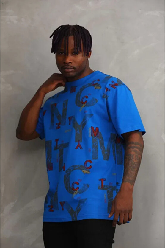 eyesof Unisex Baskılı Oversize T-Shirt - Mavi