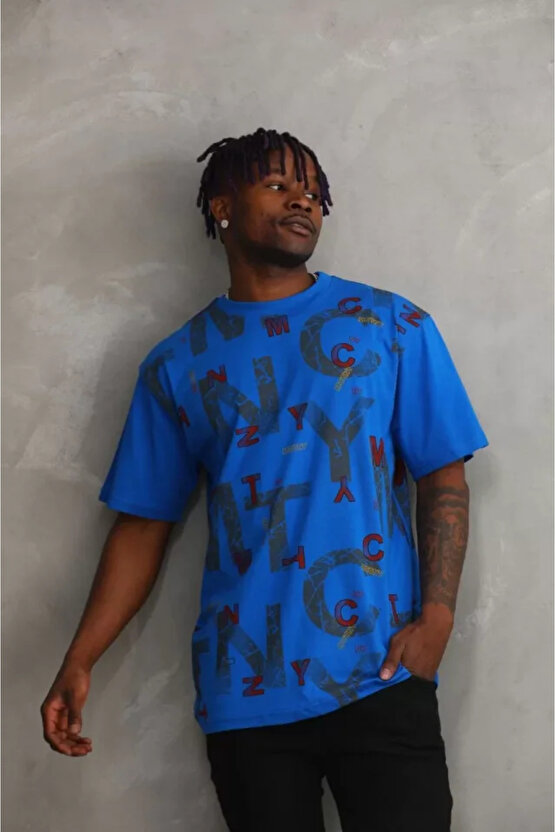 eyesof Unisex Baskılı Oversize T-Shirt - Mavi