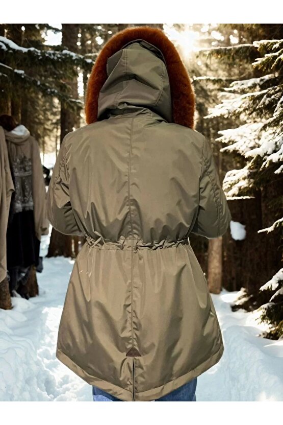 Velmora Su Geçirmez Kapüşonlu Mont - Haki -VLMR