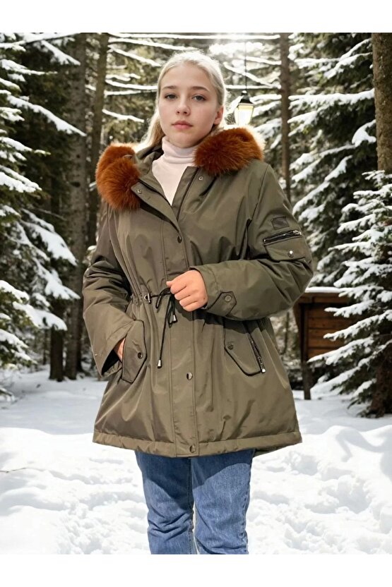 Velmora Su Geçirmez Kapüşonlu Mont - Haki -VLMR