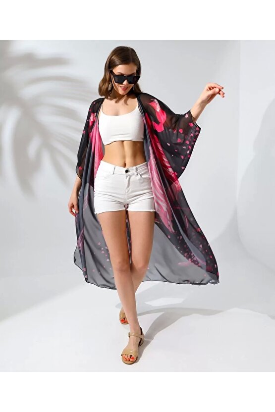 Velmora Rahat Kesim Şifon Kimono - Siyah -VLMR