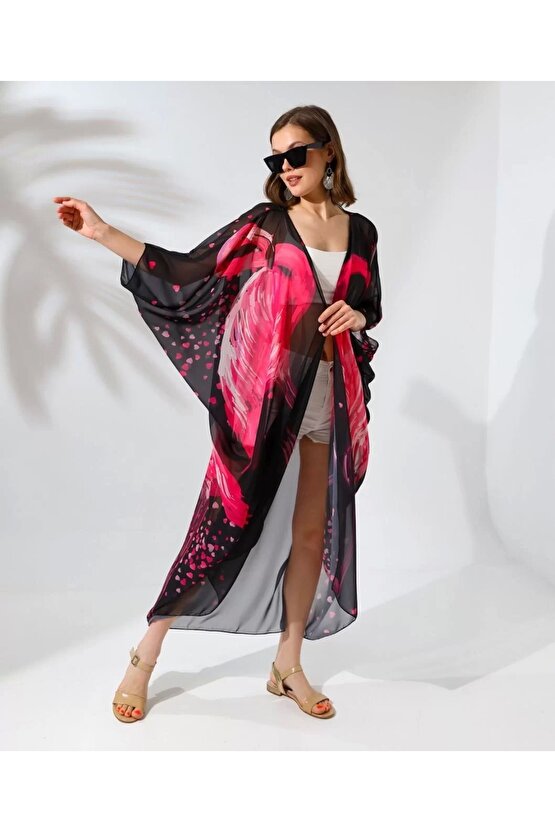 Velmora Rahat Kesim Şifon Kimono - Siyah -VLMR