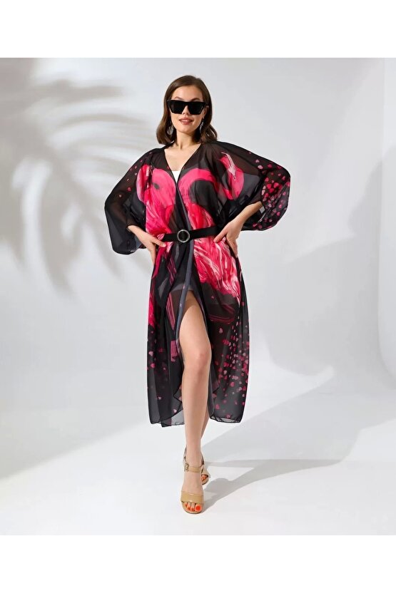 Velmora Rahat Kesim Şifon Kimono - Siyah -VLMR