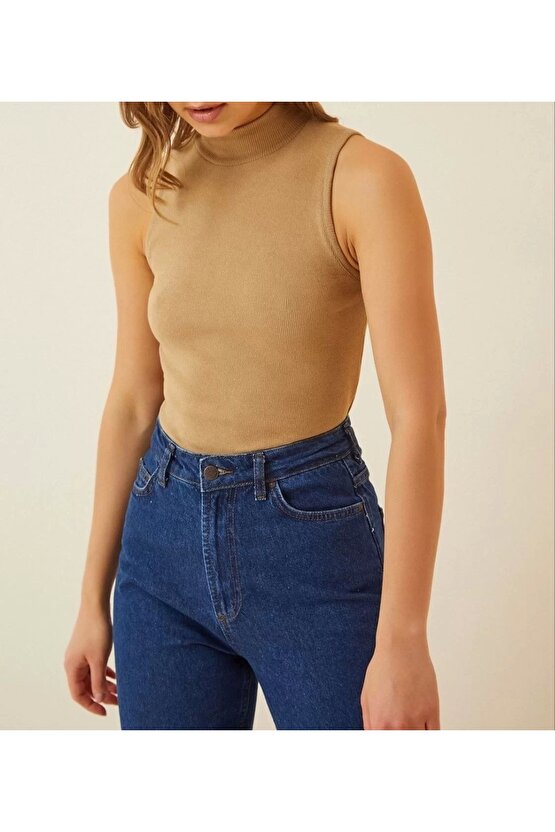 Kadın Full Likralı Fitilli Kaşkorse Yarım Boğazlı Body Fitilli Atlet