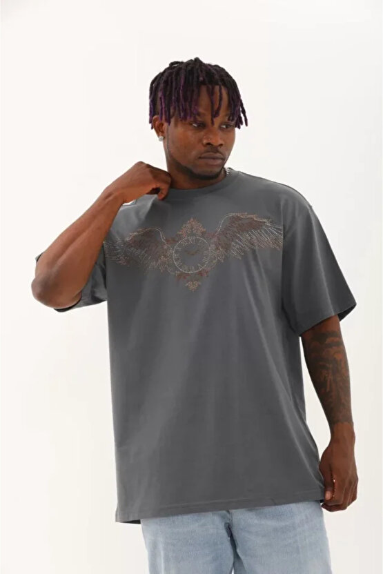 eyesof Unisex Oversize Taşlı Bisiklet Yaka T-Shirt - Füme