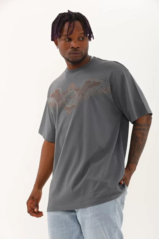 eyesof Unisex Oversize Taşlı Bisiklet Yaka T-Shirt - Füme